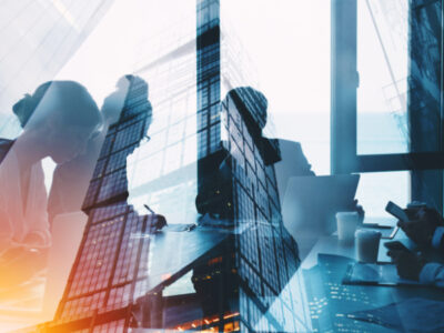 Business people collaborate together in office. Double exposure effects