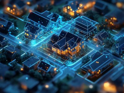 Ai powered financial, Explore AI-driven tools for home buyers in real estate. This image illustrates a digitally enhanced neighborhood, showcasing modern analysis and insights.