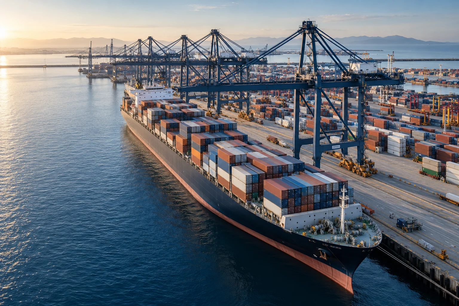 Illustration of a container ship and cranes at an international cargo port