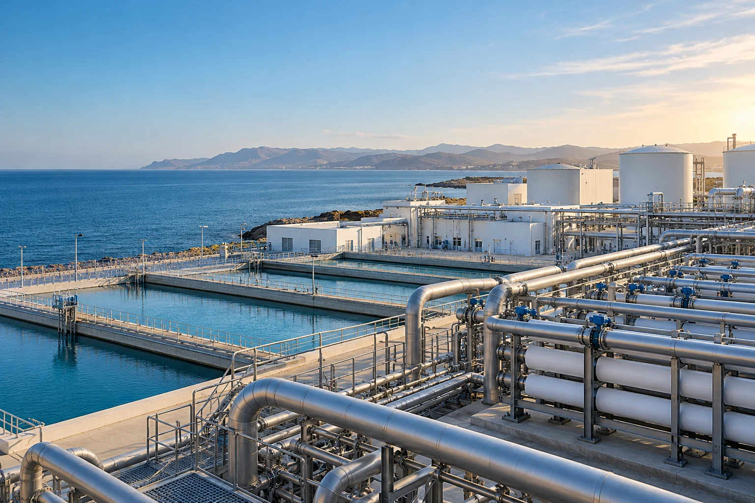 Illustration of coastal water treatment and desalination infrastructure